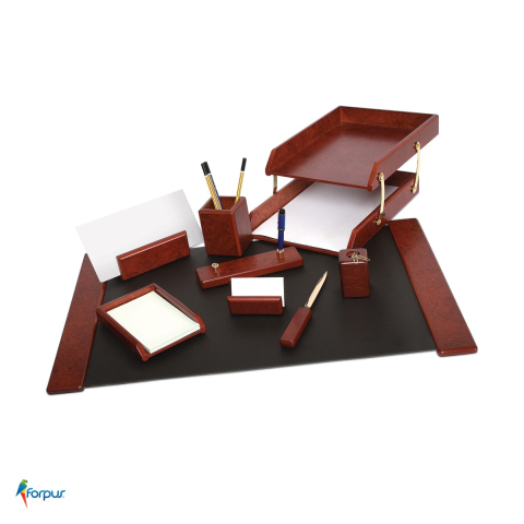 Birotica papetarie - Set de birou Forpus din lemn, 9 piese, mapa 66x42 cm, visiniu