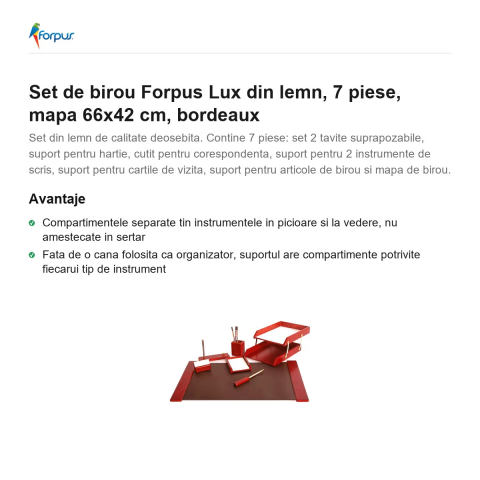 Set de birou Forpus Lux din lemn, 7 piese, mapa 66x42 cm, bordeaux [1]