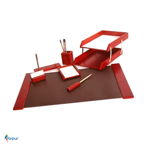 Birotica papetarie - Set de birou Forpus Lux din lemn, 7 piese, mapa 66x42 cm, bordeaux