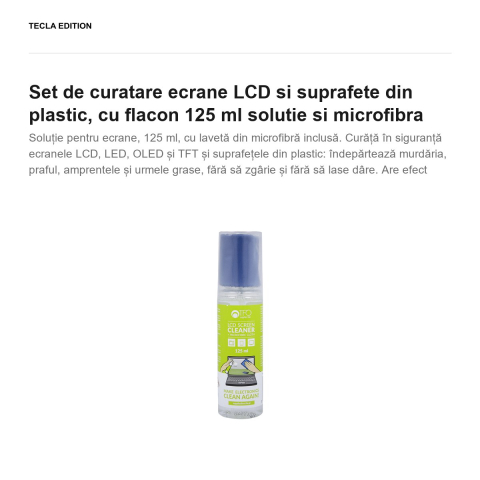 Set de curatare ecrane LCD si suprafete din plastic, cu flacon 125 ml solutie si  microfibra [1]