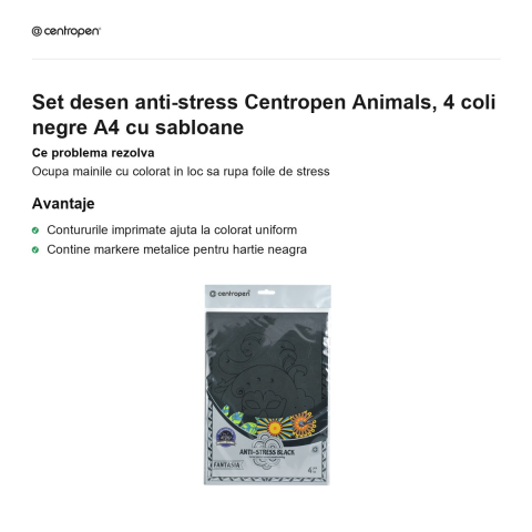 Set desen anti-stress Centropen Animals, 4 coli negre A4 cu sabloane [1]