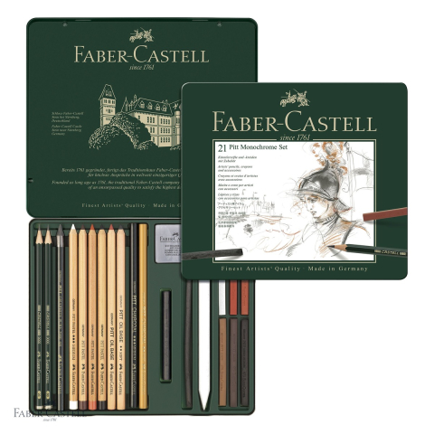 Set desen monochrome 21 piese Faber-Castell Pitt, creioane grafit, carbune si pastel, pentru artisti [3]