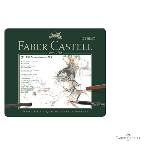 Set desen monochrome 21 piese Faber-Castell Pitt, creioane grafit, carbune si pastel, pentru artisti [2]