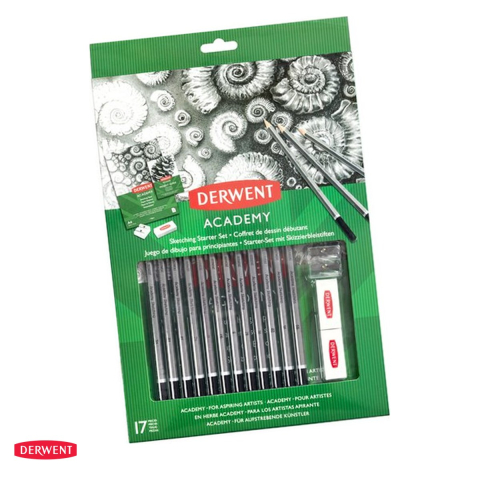 Birotica papetarie - Set desen pentru incepatori Derwent Academy, 12 creioane grafit 6B-5H, hartie, ascutitoare si 2 radiere
