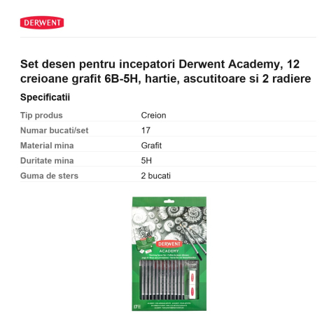 Set desen pentru incepatori Derwent Academy, 12 creioane grafit 6B-5H, hartie, ascutitoare si 2 radiere [2]