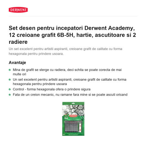 Set desen pentru incepatori Derwent Academy, 12 creioane grafit 6B-5H, hartie, ascutitoare si 2 radiere [1]