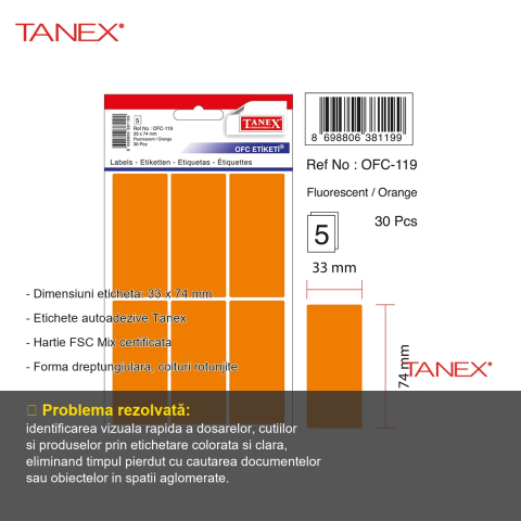 Set etichete autoadezive Tanex, 33x74 mm, portocalii, colturi rotunjite, hartie FSC certificata, 30 bucati/set [1]