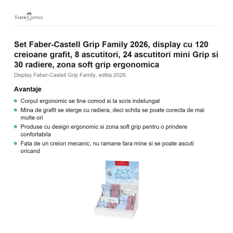 Set Faber-Castell Grip Family 2026, display cu 120 creioane grafit, 8 ascutitori, 24 ascutitori mini Grip si 30 radiere, zona soft grip ergonomica [1]