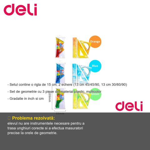 Set geometrie 3 piese flexibil color Deli, rigla 15 cm si 2 echere 13 cm, pentru scoala [1]