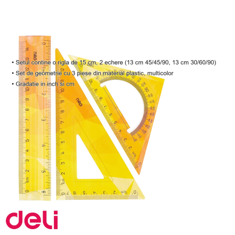 Set geometrie 3 piese flexibil color Deli, rigla 15 cm si 2 echere 13 cm, pentru scoala [2]