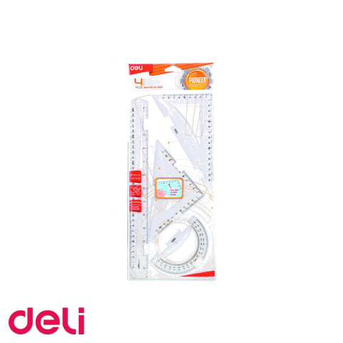Desen tehnic si proiectare - Set geometrie 4 piese transparent Deli, rigle si raportor rezistente, pentru scoala si birou
