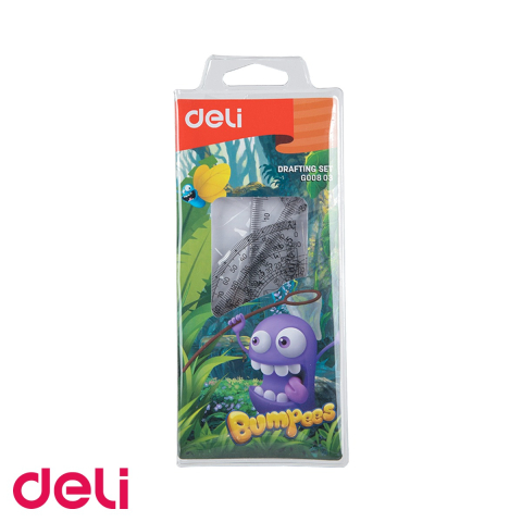 Desen tehnic si proiectare - Set geometrie 4 piese transparente Deli Bumpees, cu lupa integrata, pentru scoala