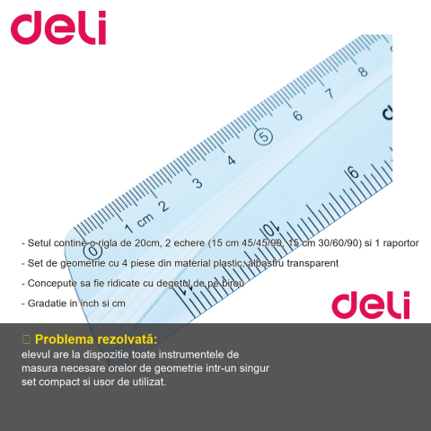 Set geometrie Deli 4 piese albastru transparent, rigla 20cm, echere si raportor, pentru scoala [1]