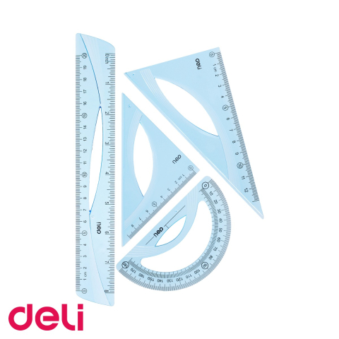 Desen tehnic si proiectare - Set geometrie Deli 4 piese albastru transparent, rigla 20cm, echere si raportor, pentru scoala