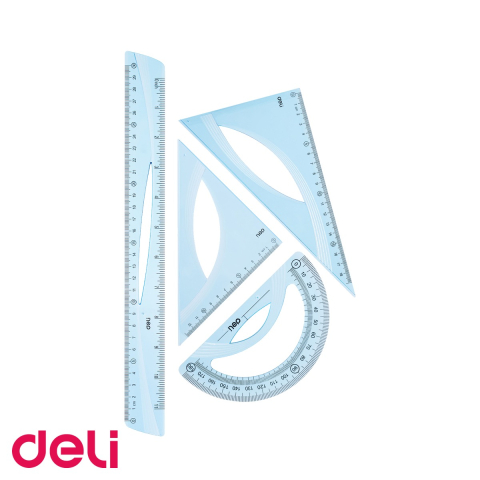 Desen tehnic si proiectare - Set geometrie Deli 4 piese albastru transparent, rigla 30cm, echere si raportor, pentru scoala