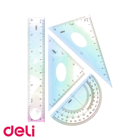 Desen tehnic si proiectare - Set geometrie Deli 4 piese multicolor, rigla 15cm, echere si raportor, pentru scoala