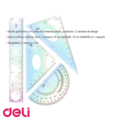 Set geometrie Deli 4 piese multicolor, rigla 15cm, echere si raportor, pentru scoala [2]