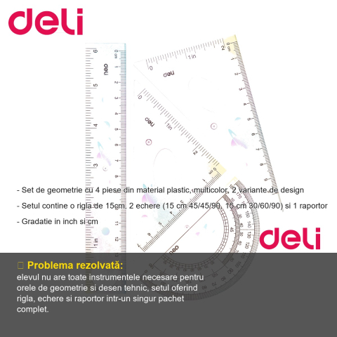 Set geometrie Deli 4 piese multicolor, rigla 15cm, echere si raportor, pentru scoala [1]