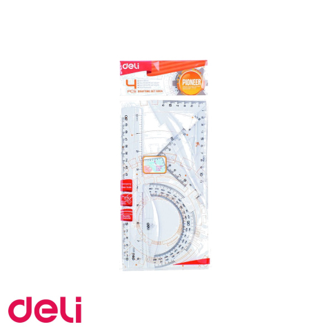 Desen tehnic si proiectare - Set geometrie Deli 4 piese transparent, rigla echer raportor, pentru scoala si birou