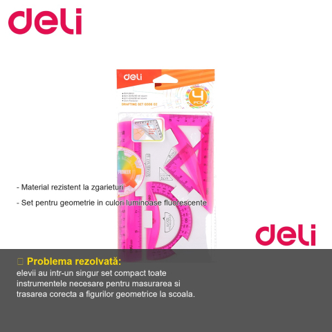 Set geometrie deli color fluorescent 4 piese, rigla echer raportor, pentru scoala [1]