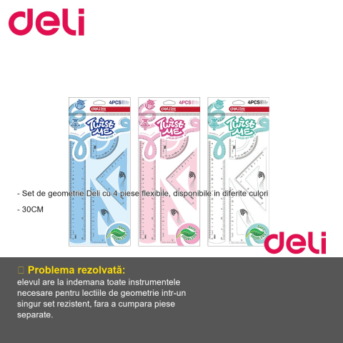 Set geometrie Deli Twist Me Color 4 piese flexibile, rigla 30 cm, echere si raportor, pentru scoala [1]