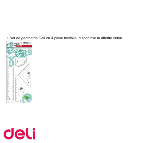 Set geometrie Deli Twist Me Color 4 piese flexibile, rigla 30 cm, echere si raportor, pentru scoala [2]