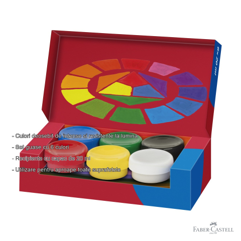 Set guase 6 culori Faber-Castell, 20 ml, culori vibrante opace, pentru copii si tineri artisti [1]