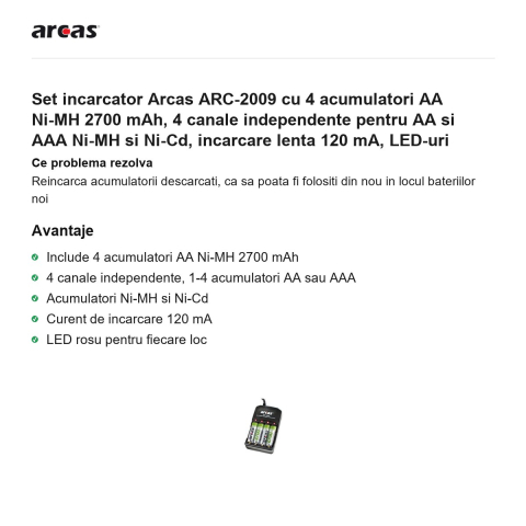 Set incarcator Arcas ARC-2009 cu 4 acumulatori AA Ni-MH 2700 mAh, 4 canale independente pentru AA si AAA Ni-MH si Ni-Cd, incarcare lenta 120 mA, LED-uri [1]
