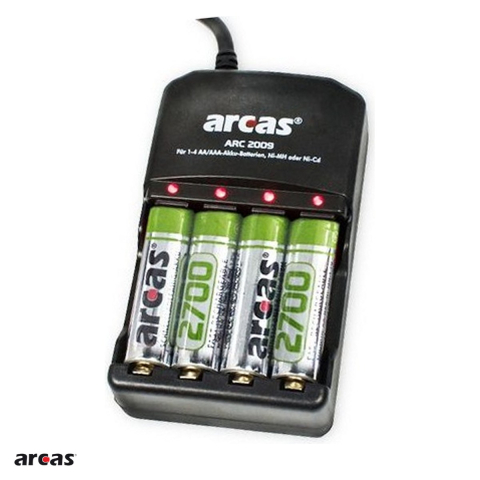 Energy - Set incarcator Arcas ARC-2009 cu 4 acumulatori AA Ni-MH 2700 mAh, 4 canale independente pentru AA si AAA Ni-MH si Ni-Cd, incarcare lenta 120 mA, LED-uri