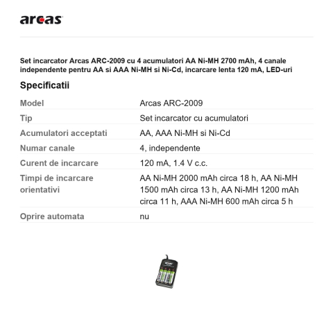 Set incarcator Arcas ARC-2009 cu 4 acumulatori AA Ni-MH 2700 mAh, 4 canale independente pentru AA si AAA Ni-MH si Ni-Cd, incarcare lenta 120 mA, LED-uri [2]
