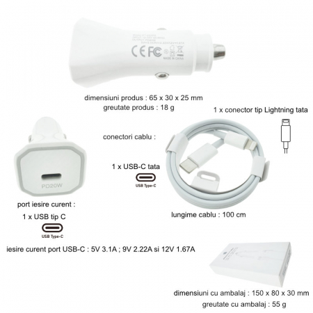 Set incarcator auto 20W, cu port USB-C, pentru Apple, cu cablu 1m cu conectori USB tip C la tip Lightning, alb [6]