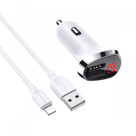 Incarcator auto - Set incarcator auto dual USB, Borofone BZ15, cu cablu 8-pin Lightning 1m, cu afisaj LED, Borofone BZ15, DC 12-24V, 5V 2.4 A, alb