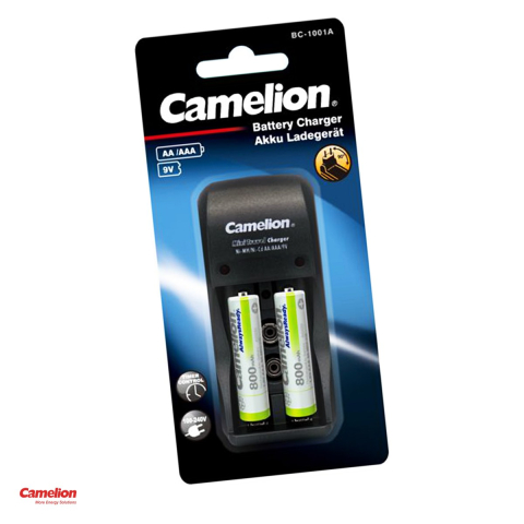 Energy - Set incarcator Camelion BC-1001A cu 2 acumulatori AAA Ni-MH 800 mAh, incarca 1-2 acumulatori AA sau AAA sau 1 acumulator 9V, stecher pliabil, 100-240 V
