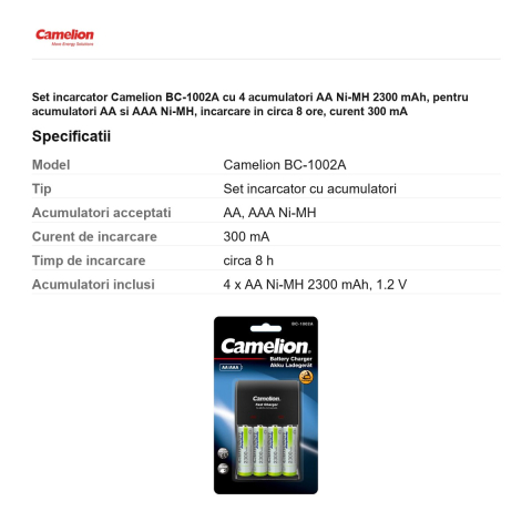 Set incarcator Camelion BC-1002A cu 4 acumulatori AA Ni-MH 2300 mAh, pentru acumulatori AA si AAA Ni-MH, incarcare in circa 8 ore, curent 300 mA [2]