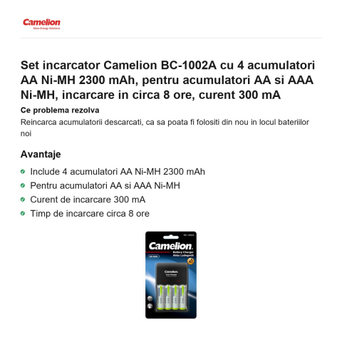 Set incarcator Camelion BC-1002A cu 4 acumulatori AA Ni-MH 2300 mAh, pentru acumulatori AA si AAA Ni-MH, incarcare in circa 8 ore, curent 300 mA [1]