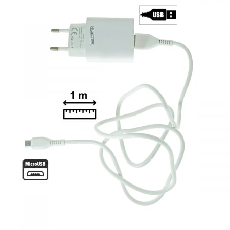 Set incarcator cu un port USB, de retea, cu cablu micro USB lungime 1m, 5V, 2.1A, Jellico C5 64567, alb [1]