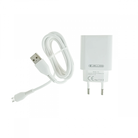 Accesorii IT - Set incarcator cu un port USB, de retea, cu cablu micro USB lungime 1m, 5V, 2.1A, Jellico C5 64567, alb