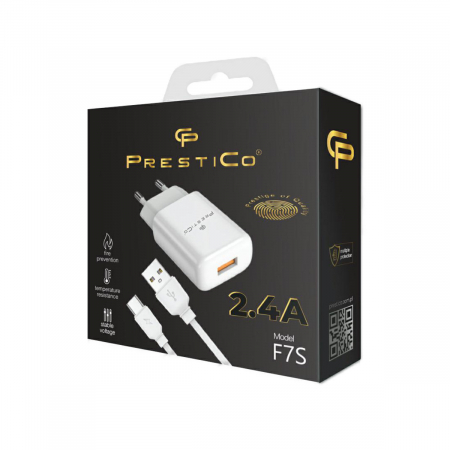 Set incarcator cu un port USB, de retea, cu cablu USB-C lungime 1m, 5V, 2.4A, PrestiCo F7S, alb [3]