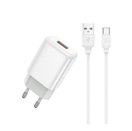 Accesorii smartphone - Set incarcator cu un port USB, de retea, cu cablu USB-C lungime 1m, 5V, 2.4A, PrestiCo F7S, alb