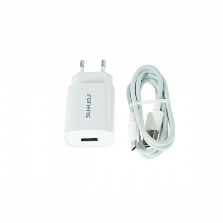 Priza retea - Set incarcator de retea cu cablu micro 1xUSB, 5V, 2.1A 10W, Foneng EU43, alb