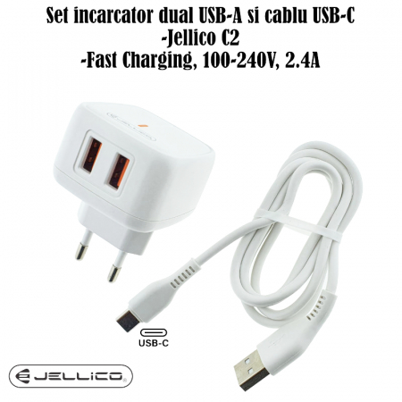 Set incarcator dual USB-A si cablu USB-C cu lungime 1m, 2.4A, Jellico C2 10146, Fast Charging, 100-240V, indicator LED, alb [5]