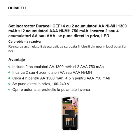 Set incarcator Duracell CEF14 cu 2 acumulatori AA Ni-MH 1300 mAh si 2 acumulatori AAA Ni-MH 750 mAh, incarca 2 sau 4 acumulatori AA sau AAA, se pune direct in priza, LED [1]