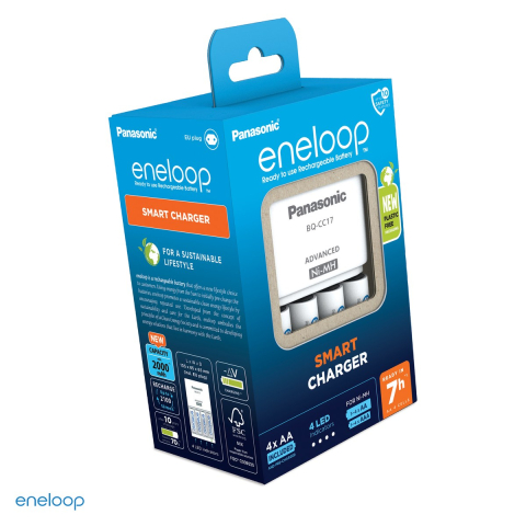 Energy - Set incarcator Panasonic eneloop Advanced Charger BQ-CC17 K-KJ17MCD40E cu 4 acumulatori AA eneloop Ni-MH 2000 mAh, 4 locuri cu incarcare individuala AA si AAA