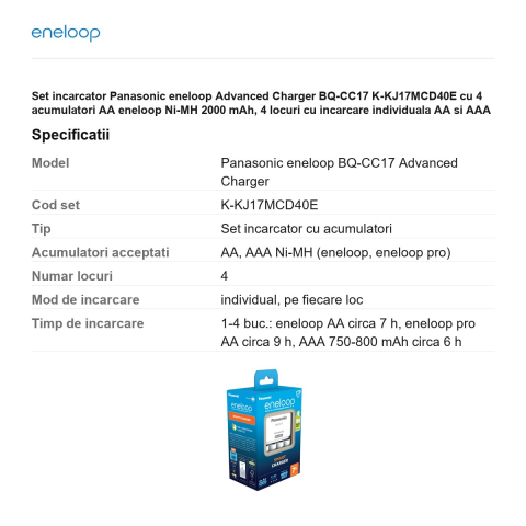 Set incarcator Panasonic eneloop Advanced Charger BQ-CC17 K-KJ17MCD40E cu 4 acumulatori AA eneloop Ni-MH 2000 mAh, 4 locuri cu incarcare individuala AA si AAA [2]
