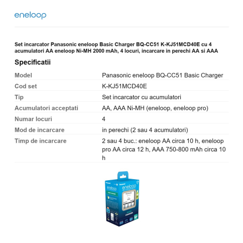 Set incarcator Panasonic eneloop Basic Charger BQ-CC51 K-KJ51MCD40E cu 4 acumulatori AA eneloop Ni-MH 2000 mAh, 4 locuri, incarcare in perechi AA si AAA [2]