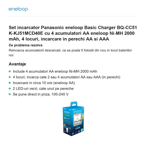 Set incarcator Panasonic eneloop Basic Charger BQ-CC51 K-KJ51MCD40E cu 4 acumulatori AA eneloop Ni-MH 2000 mAh, 4 locuri, incarcare in perechi AA si AAA [1]