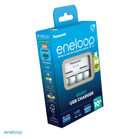 Energy - Set incarcator Panasonic eneloop Basic USB Charger BQ-CC61 K-KJ61MCD40USB cu 4 acumulatori AA eneloop Ni-MH 2000 mAh, 4 locuri, incarcare in perechi AA si AAA, alimentare USB