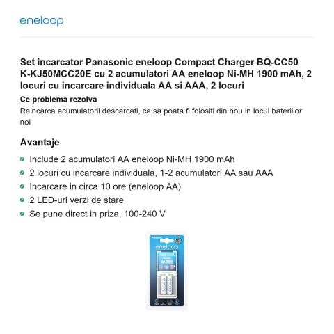 Set incarcator Panasonic eneloop Compact Charger BQ-CC50 K-KJ50MCC20E cu 2 acumulatori AA eneloop Ni-MH 1900 mAh, 2 locuri cu incarcare individuala AA si AAA, 2 locuri [1]