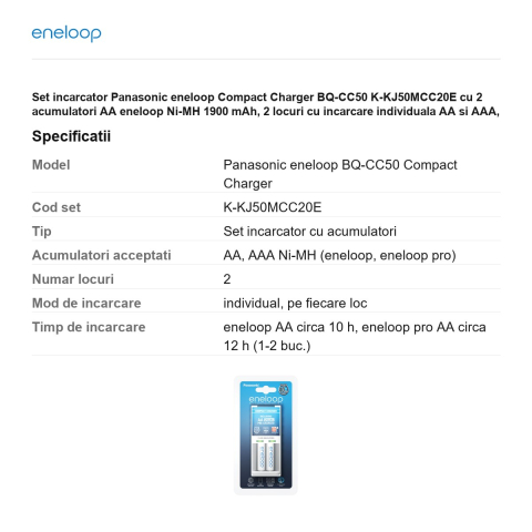 Set incarcator Panasonic eneloop Compact Charger BQ-CC50 K-KJ50MCC20E cu 2 acumulatori AA eneloop Ni-MH 1900 mAh, 2 locuri cu incarcare individuala AA si AAA, 2 locuri [2]