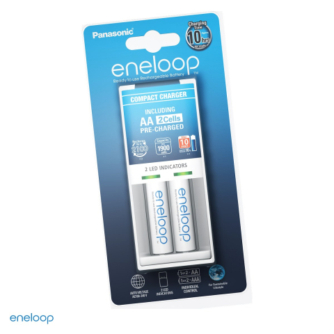 Energy - Set incarcator Panasonic eneloop Compact Charger BQ-CC50 K-KJ50MCC20E cu 2 acumulatori AA eneloop Ni-MH 1900 mAh, 2 locuri cu incarcare individuala AA si AAA, 2 locuri